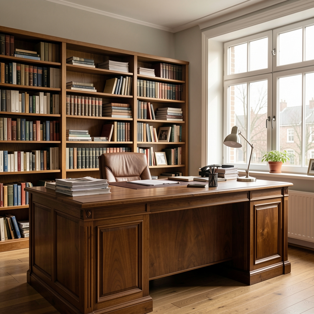 Kalmor editorial office interior in South Jakarta featuring a large wooden desk, organised reference shelves, and natural window light on a quiet afternoon