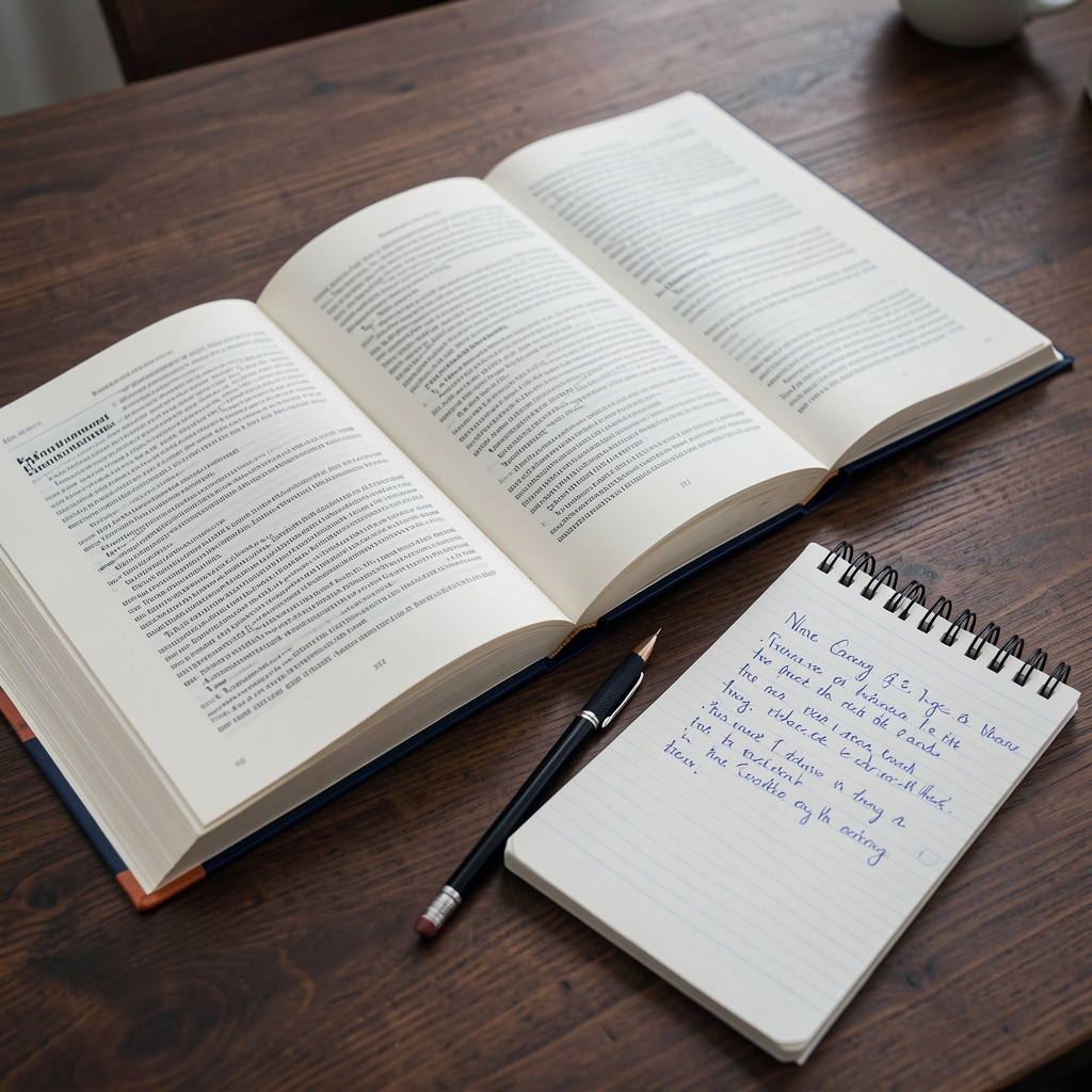 Open reference books on nutritional science spread on a dark wooden desk with a mechanical pencil and handwritten notes on a legal pad