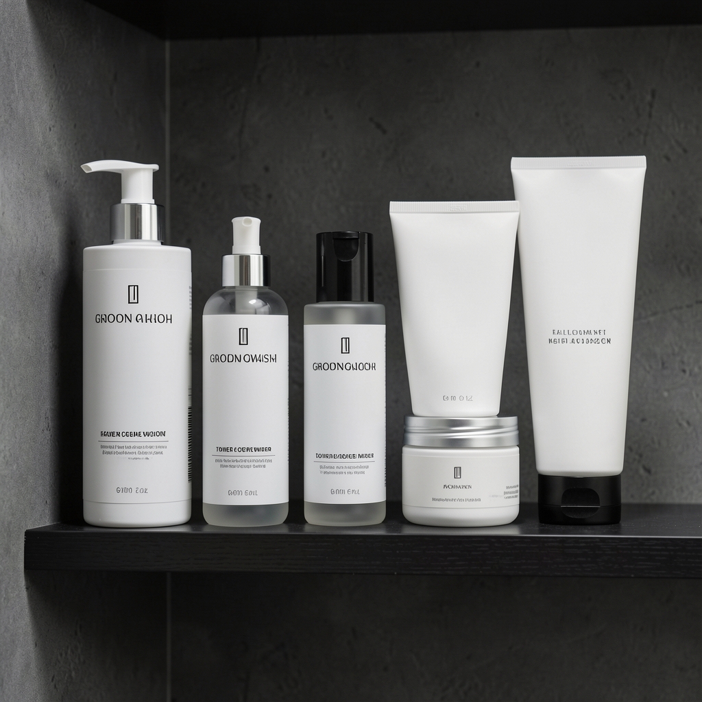 Grooming products lined up neatly on a dark bathroom shelf including face wash, toner, and moisturiser with clean controlled lighting