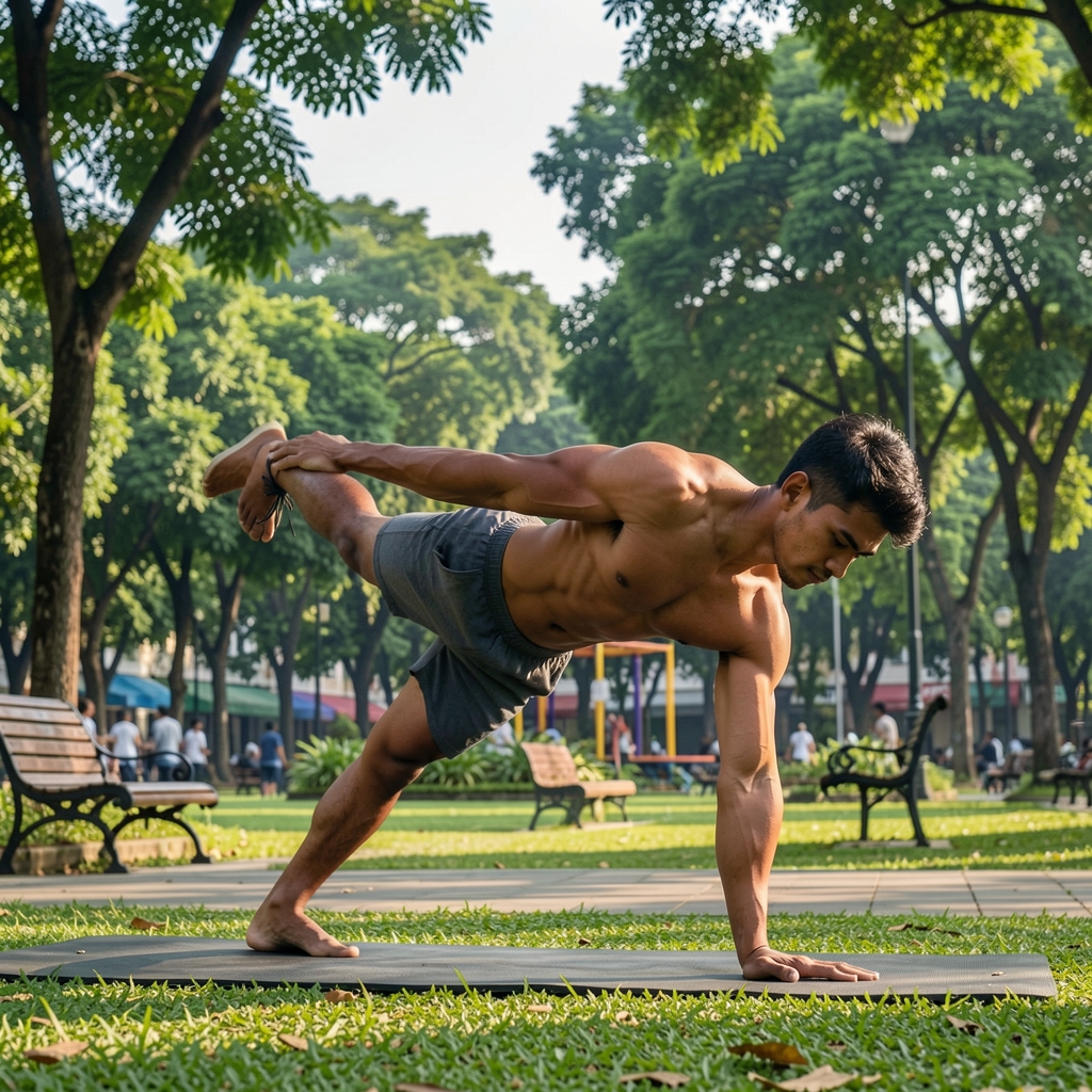 Man performing outdoor bodyweight exercises in a Jakarta park with green trees in the background on a clear morning