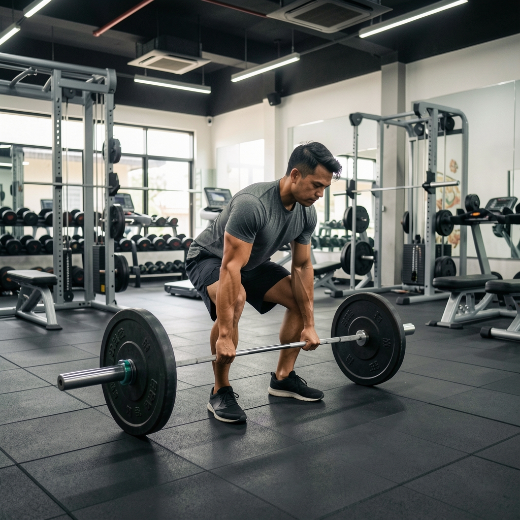Man performing a barbell deadlift in a well-equipped Jakarta gym with controlled lighting and clean rubberised flooring