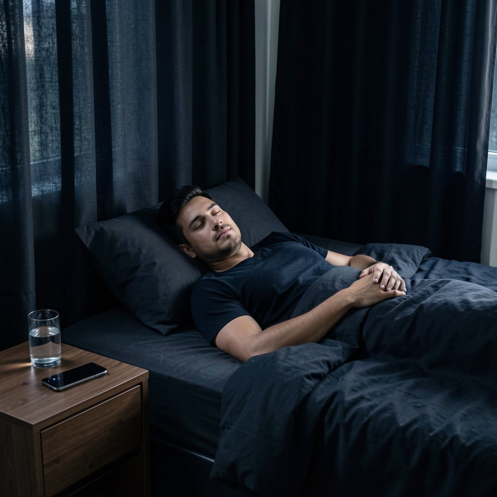 Man lying in a dark, cool bedroom with blackout curtains partially drawn, a small glass of water on the bedside table, and a phone face-down on a calm evening