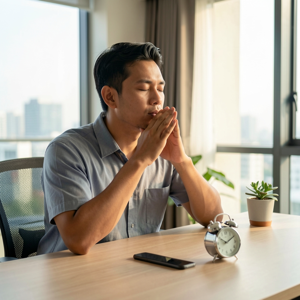 Man seated at a clean desk in a Jakarta apartment, eyes closed, practising a brief breathing exercise with a timer visible and natural afternoon light through the window