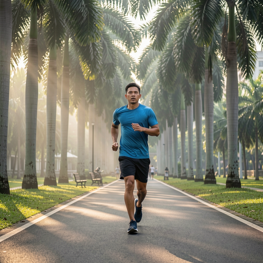 Man performing an early morning outdoor run on a Jakarta park path with palm trees and early light filtering through the canopy