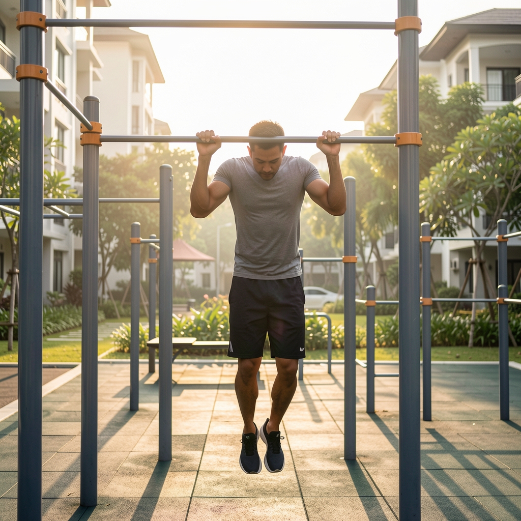 Man doing pull-ups in a well-lit outdoor gym area in a Jakarta residential complex at early morning